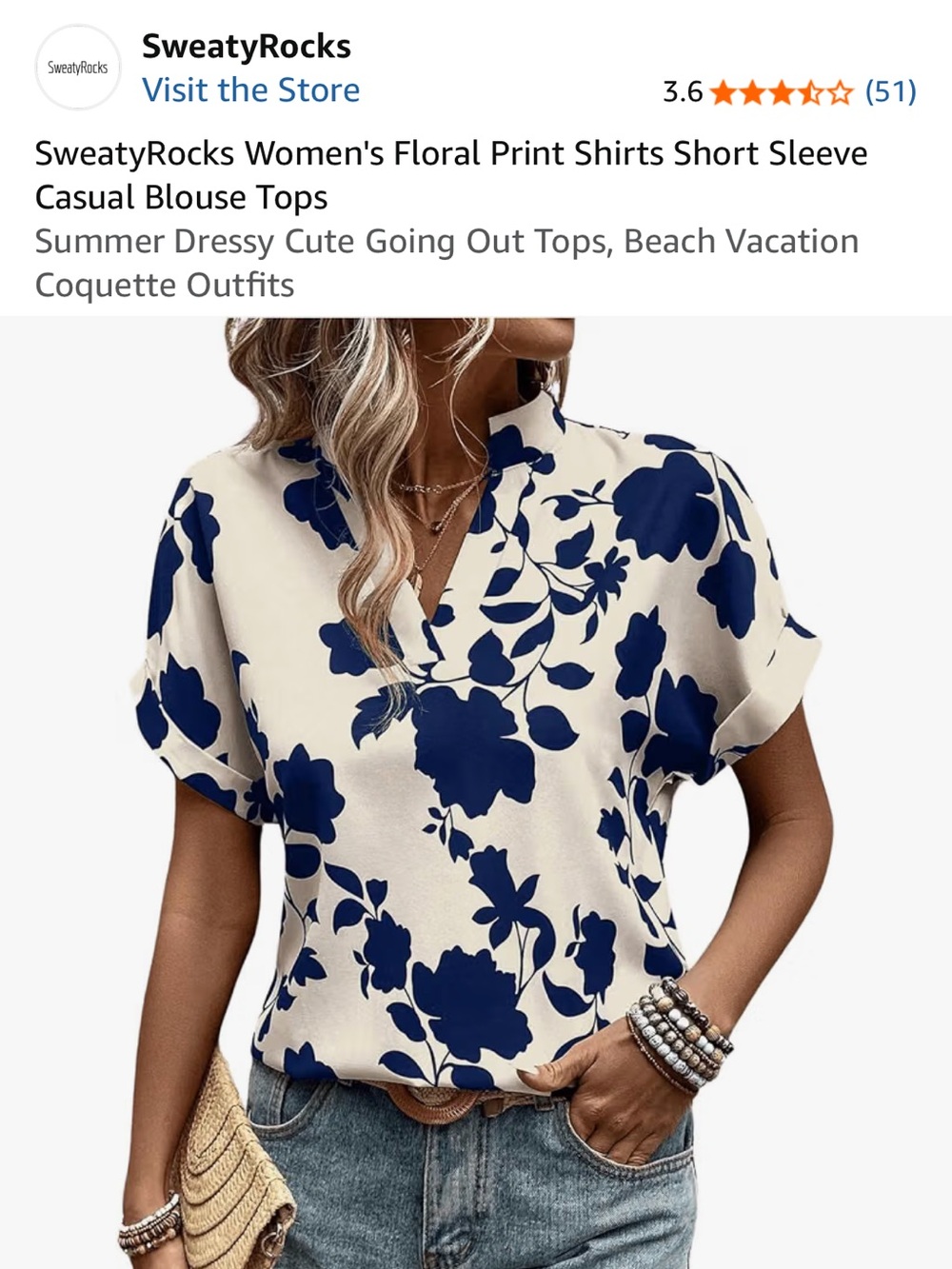 Blue & White Floral Short Sleeve Women's Top